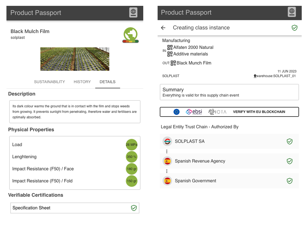 Digital Product Passport prototype implemented for the Agro2Circular pilot, presenting detailed information about a mulch film product, including detailed provenance, raw materials, usage, and sustainability claims. 