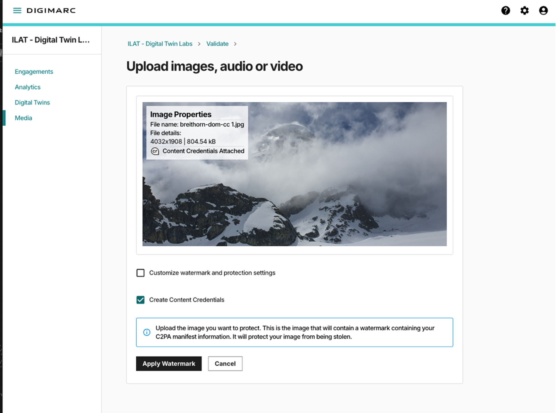 Adding a Digital Watermark in Digimarc Validate and creating C2PA Content Credentials. 