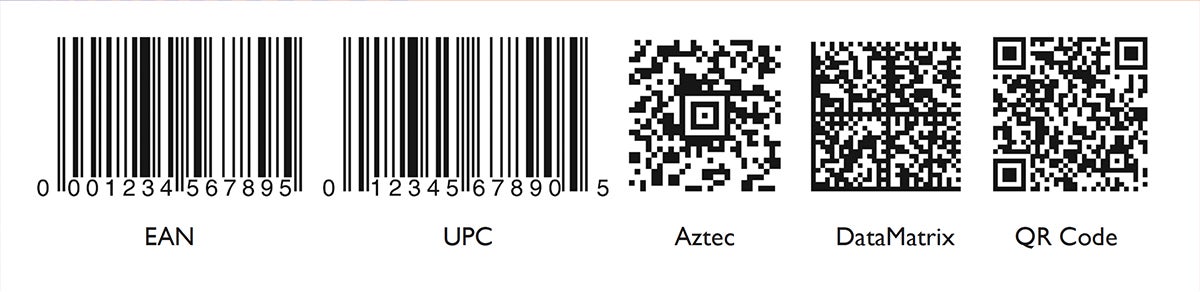 Common 1D and 2D barcodes